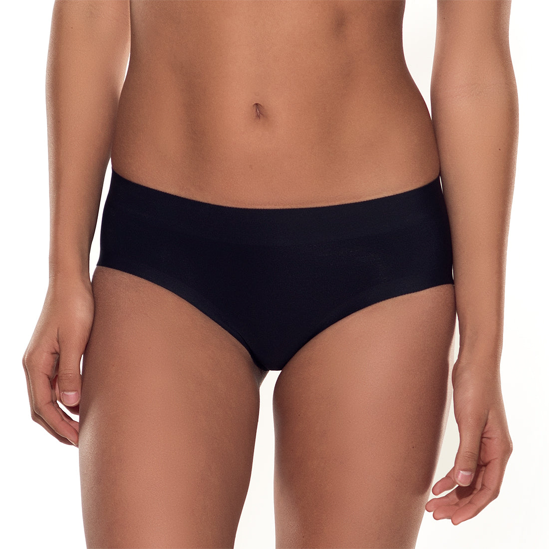 Front of seamless padded panty in black showcasing low rise waist.