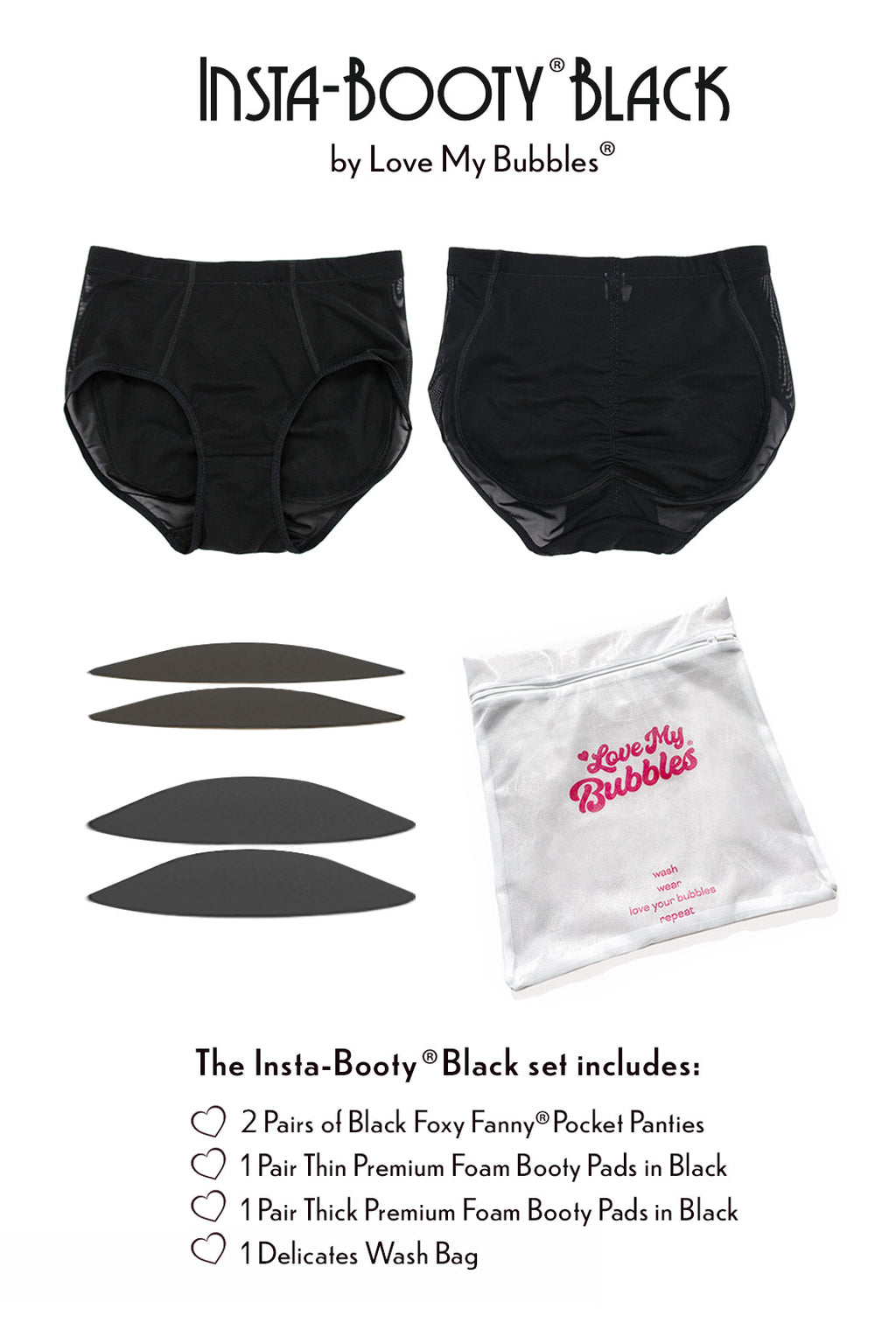 Insta-Booty 5-Piece Padded Panty Value Set featuring black fanny pocket panties.
