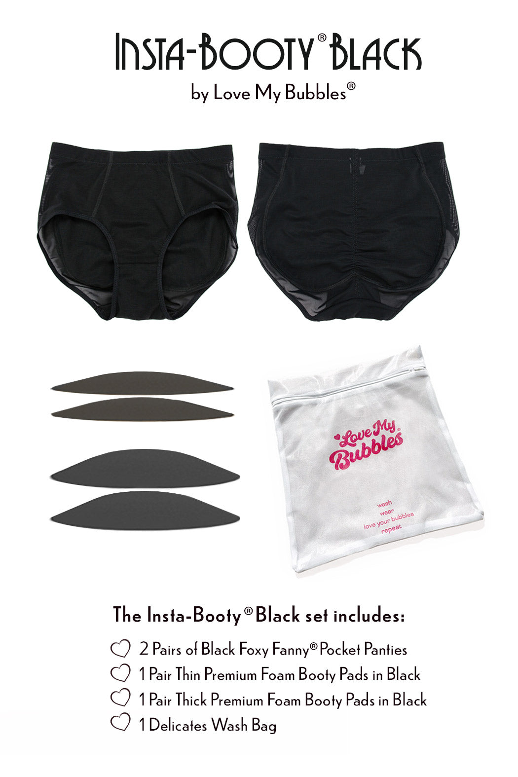 Insta-Booty 5-Piece Padded Panty Value Set featuring black fanny pocket panties.