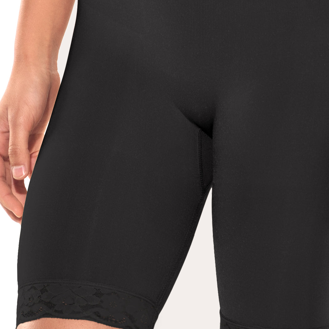 Close-up of seamless leg and lace trim of Double-O bodysuit.