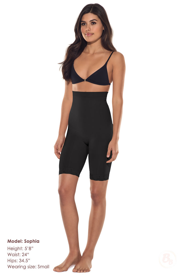 Double-O Butt Lifting Seamless Bodysuit on model showing high rise and mid thigh shapewear style, front view.