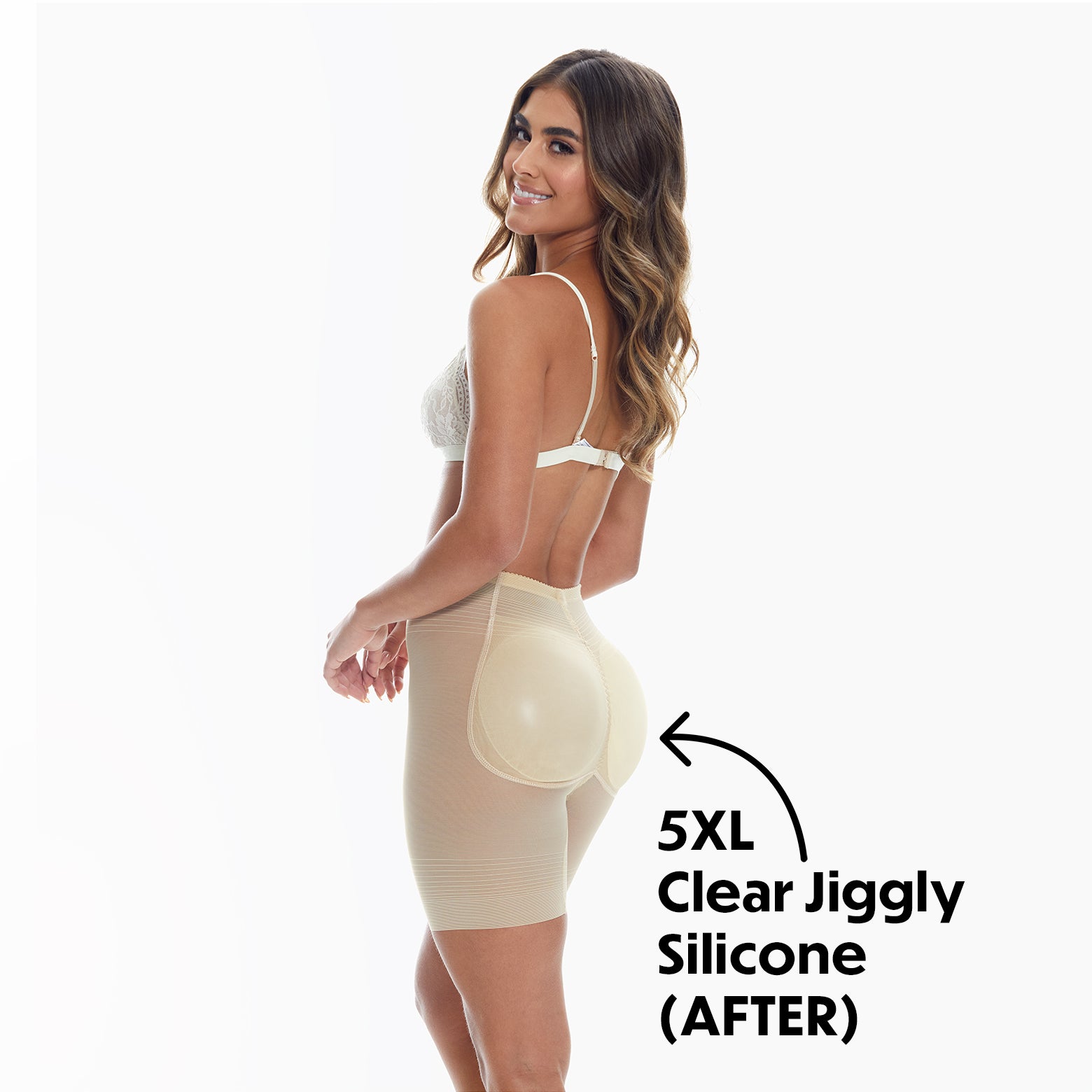 Model showcasing the After effect wearing the 5XL silicone in the Foxy Fanny padded panties.