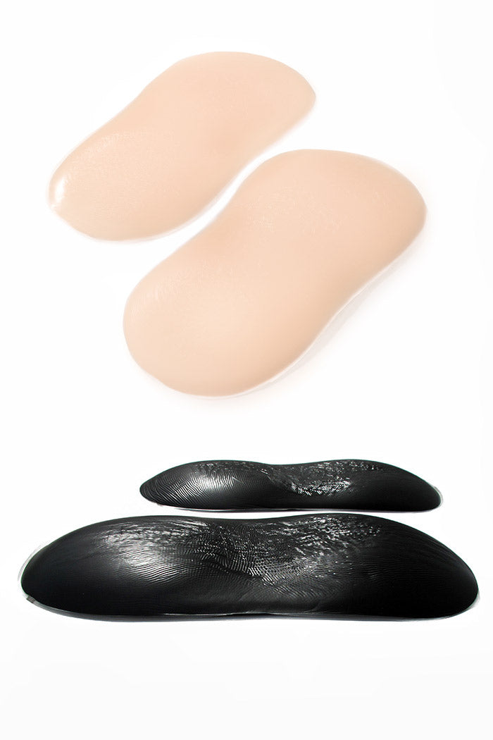 Hip and Butt Silicone Pads for hip and butt enhancing shown in beige and black, also known as silicone hip pad inserts.