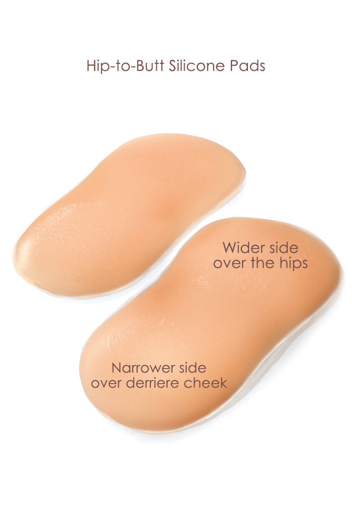 Two hip-to-butt silicone pads with text indicating their use on hips and butt cheeks.