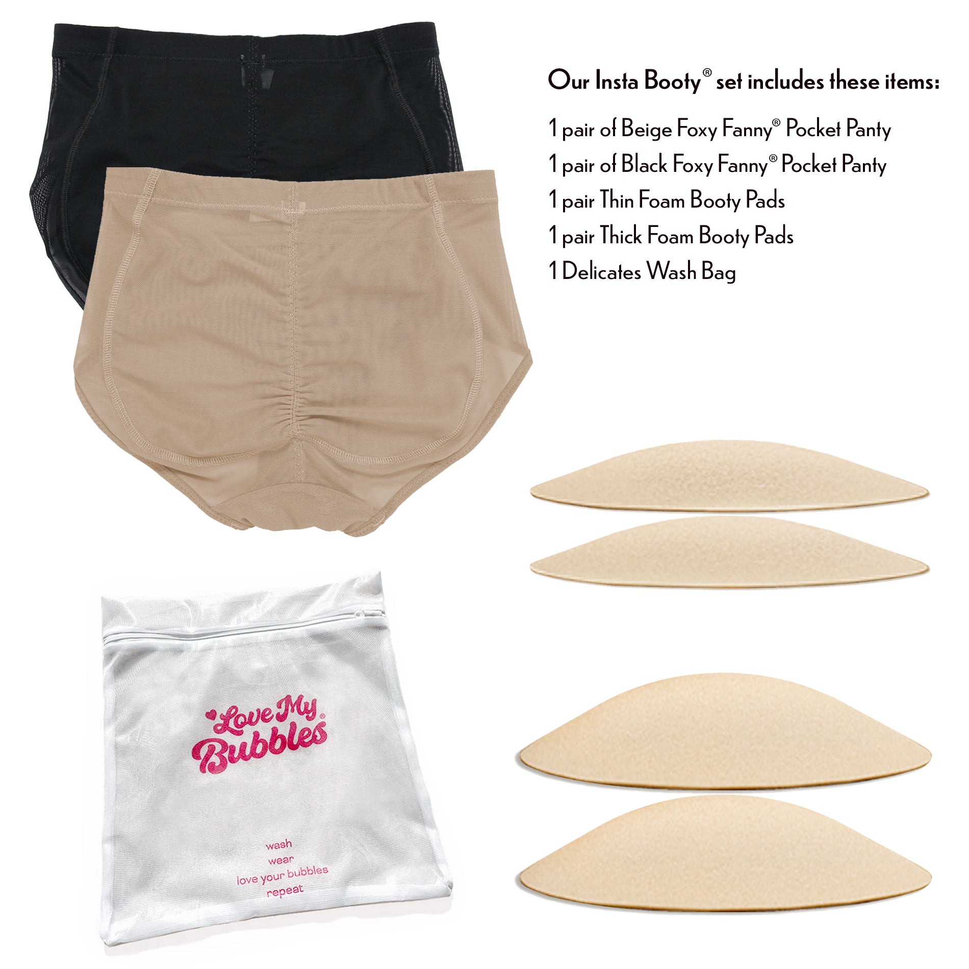 Insta-Booty 5-Piece Padded Panty Value Set including panties and pads.