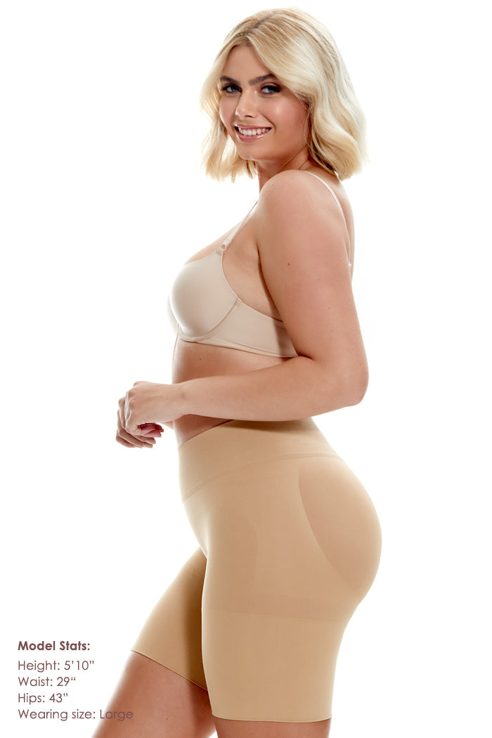 Profile view of beige Bunhuggers Seamless Butt Lifting Shorts