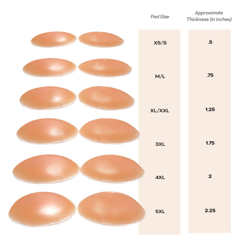 Silicone Butt Pads sizes chart with approximate thickness in inches for customization options.