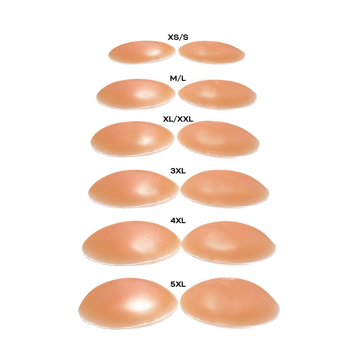 Silicone Butt Pads in various sizes XS/S, M/L, XL/XXL, 3XL, 4XL, 5XL with a flesh-like peach color.