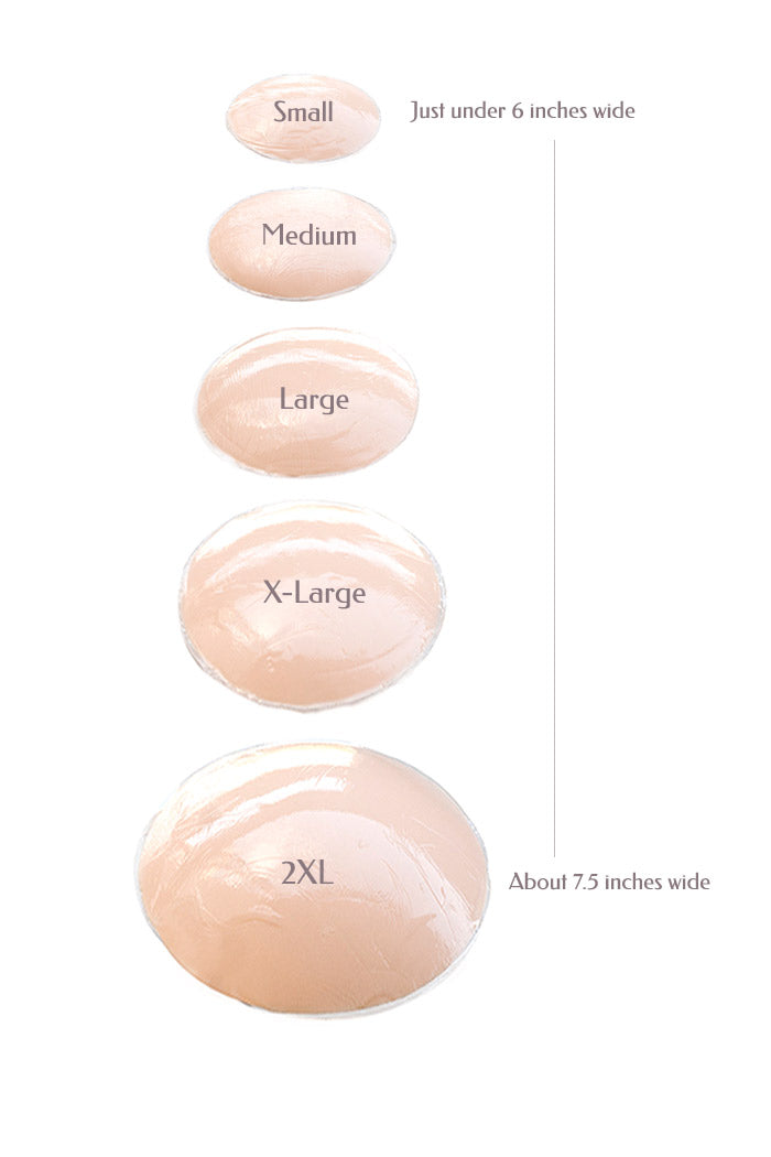 Silicone Adhesive Butt Pads in various sizes: Small, Medium, Large, X-Large, 2XL with size measurements.