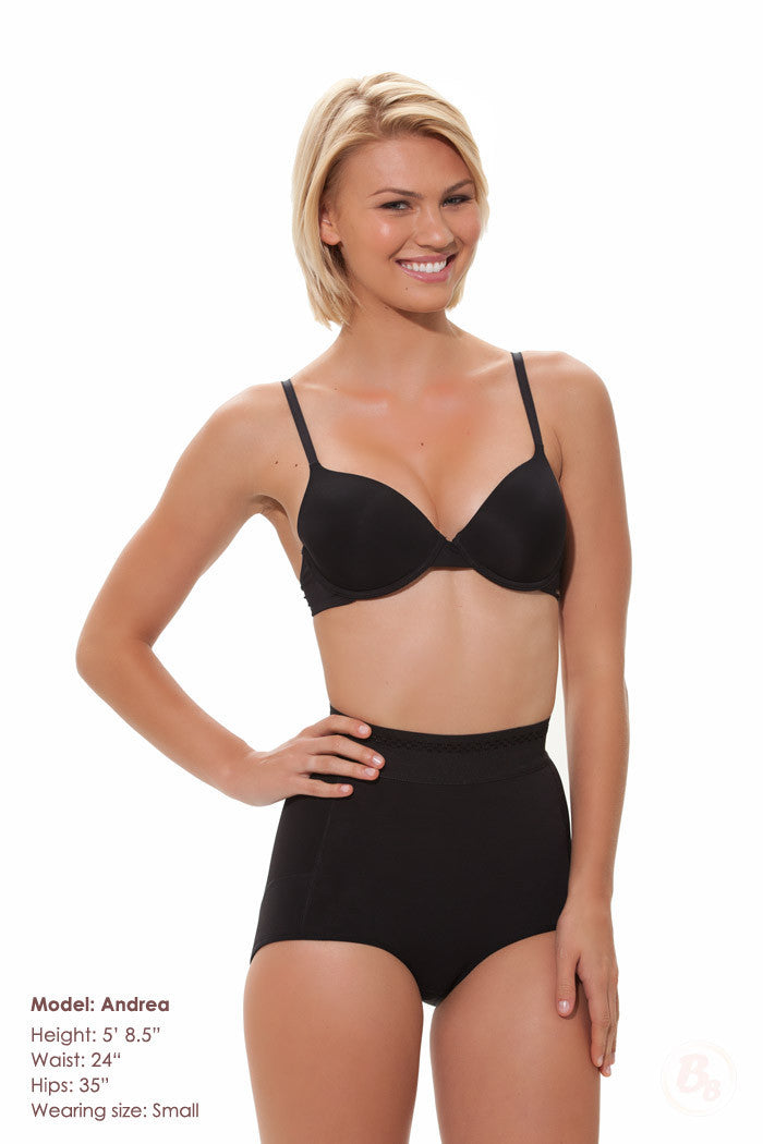 Double-O High Rise Butt Lifting Control Panty showing strong tummy control in black