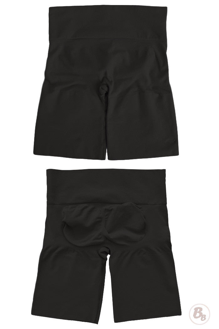 Bunhuggers Seamless Butt Lift Shortsflat on white background showing front and back of black garment. 