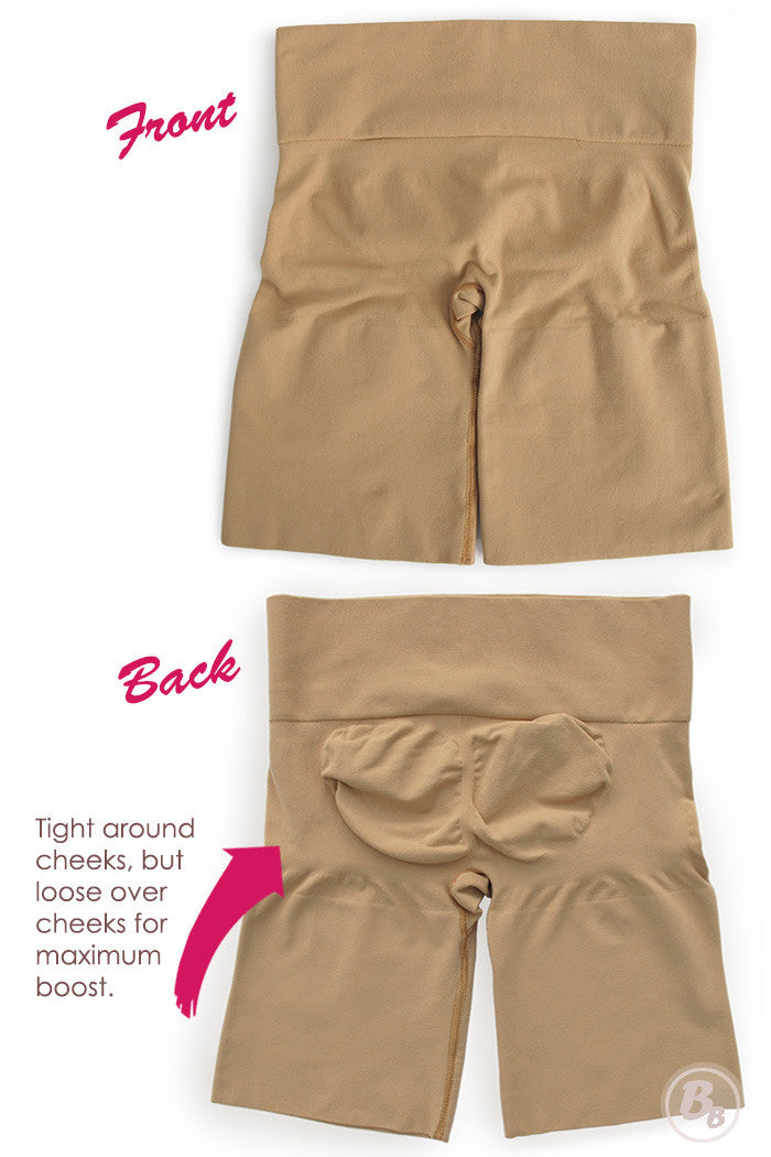 Bunhuggers Seamless Butt Lifting Shorts, flat on white background showing front and back of garment.