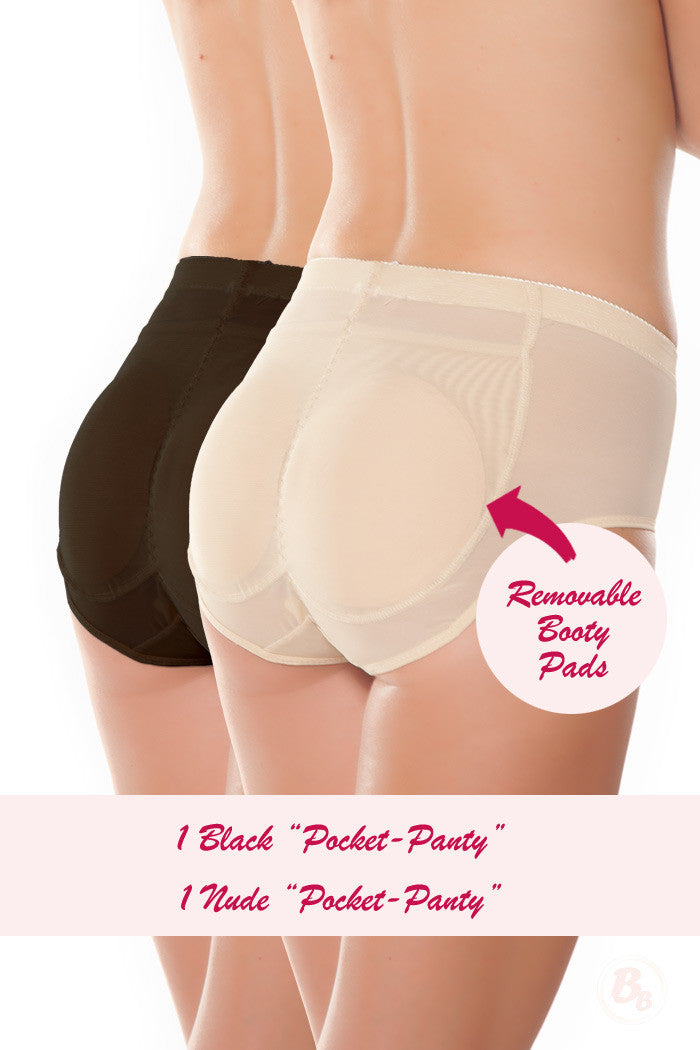Insta-Booty 5-Piece Padded Panty Value Set featuring black and nude pocket-panties.
