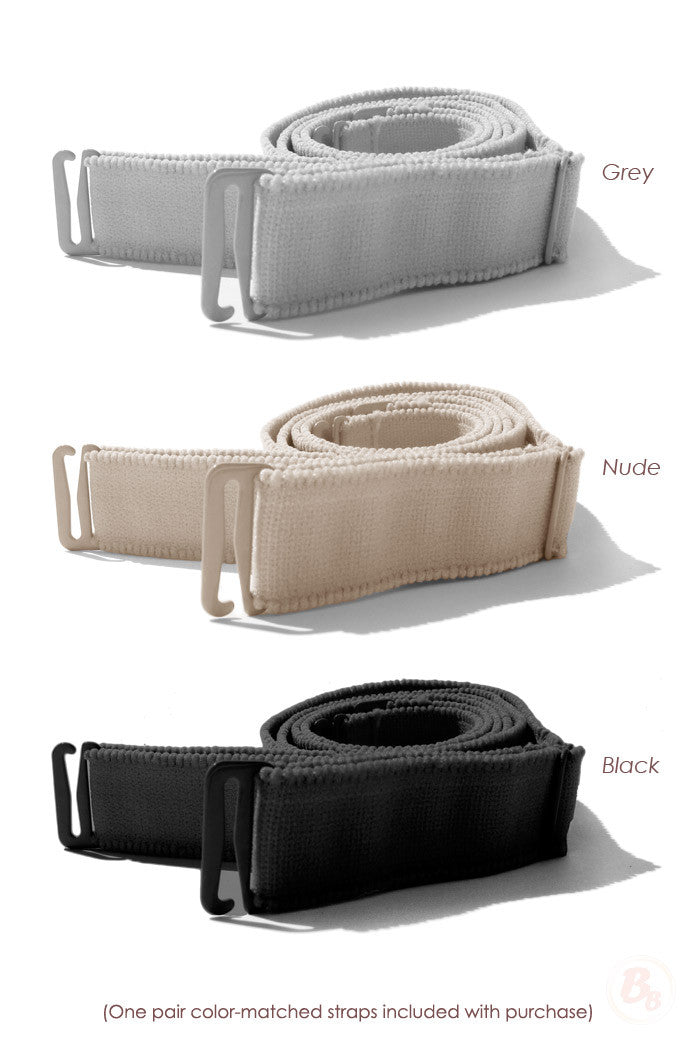 Grey, Nude, and Black padded shapewear straps in three colors
