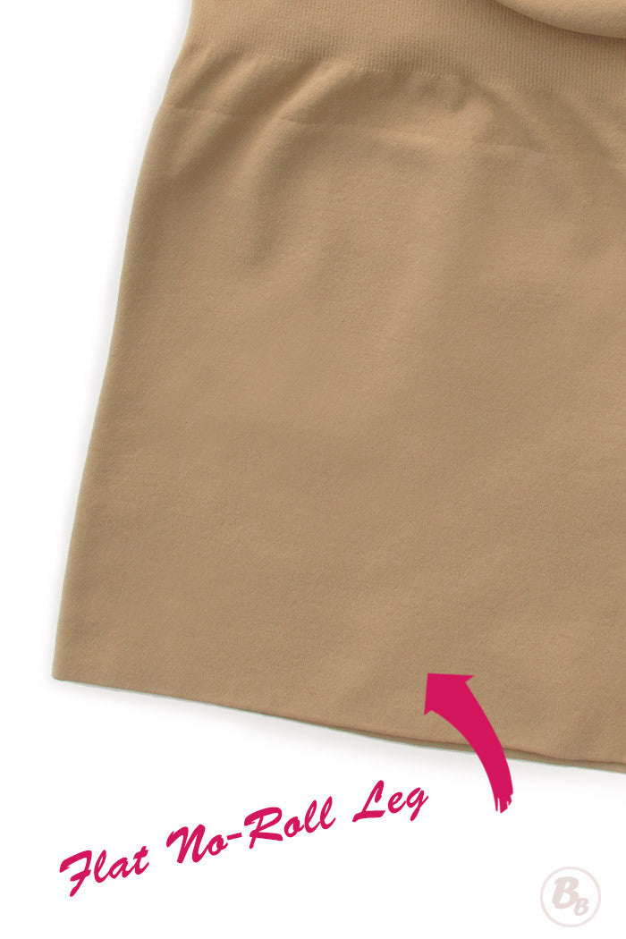 Close-up of seamless stretch short panty showcasing soft flat leg seam.